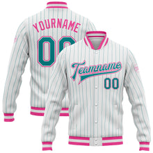 Load image into Gallery viewer, Custom White Teal Pinstripe Pink Bomber Full-Snap Varsity Letterman Jacket