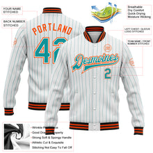 Load image into Gallery viewer, Custom White Teal Pinstripe Orange-Black Bomber Full-Snap Varsity Letterman Jacket