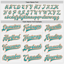 Load image into Gallery viewer, Custom White Teal Pinstripe Orange-Black Bomber Full-Snap Varsity Letterman Jacket