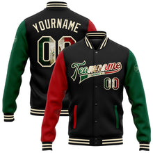 Load image into Gallery viewer, Custom Black Vintage Mexican Flag Cream Kelly Green-Red Bomber Full-Snap Varsity Letterman Two Tone Jacket