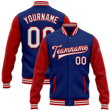 Load image into Gallery viewer, Custom Royal White-Red Bomber Full-Snap Varsity Letterman Two Tone Jacket
