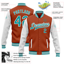 Load image into Gallery viewer, Custom Texas Orange Teal-White Bomber Full-Snap Varsity Letterman Two Tone Jacket