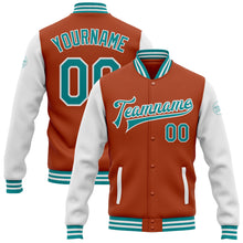 Load image into Gallery viewer, Custom Texas Orange Teal-White Bomber Full-Snap Varsity Letterman Two Tone Jacket