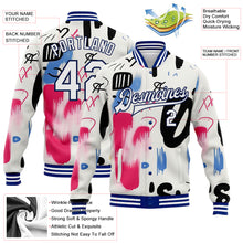 Load image into Gallery viewer, Custom Graffiti Pattern White-Royal Grunge Art 3D Bomber Full-Snap Varsity Letterman Jacket