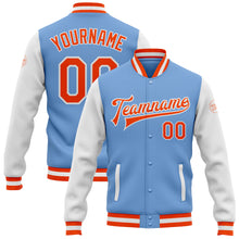 Load image into Gallery viewer, Custom Light Blue Orange-White Bomber Full-Snap Varsity Letterman Two Tone Jacket