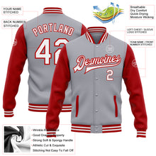 Load image into Gallery viewer, Custom Gray White-Red Bomber Full-Snap Varsity Letterman Two Tone Jacket