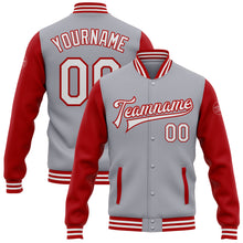 Load image into Gallery viewer, Custom Gray White-Red Bomber Full-Snap Varsity Letterman Two Tone Jacket