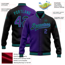 Load image into Gallery viewer, Custom Black Purple-Teal Bomber Full-Snap Varsity Letterman Gradient Fashion Jacket