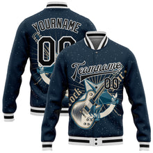 Load image into Gallery viewer, Custom Navy Black-White Guitar Rock Star Music Festival 3D Pattern Design Bomber Full-Snap Varsity Letterman Jacket