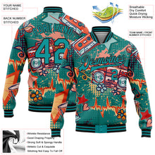 Load image into Gallery viewer, Custom Teal Black Music Festival 3D Pattern Design Bomber Full-Snap Varsity Letterman Jacket