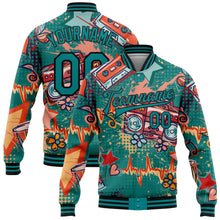 Load image into Gallery viewer, Custom Teal Black Music Festival 3D Pattern Design Bomber Full-Snap Varsity Letterman Jacket
