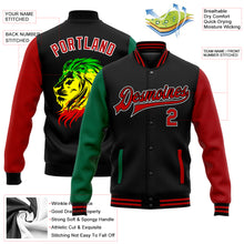 Load image into Gallery viewer, Custom Black Red-Kelly Green Black History Month Lion 3D Pattern Design Bomber Full-Snap Varsity Letterman Jacket