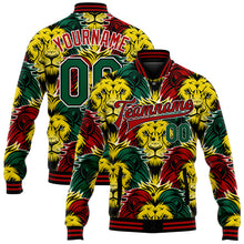 Load image into Gallery viewer, Custom Black Kelly Green Red-Gold Black History Month Lion 3D Pattern Design Bomber Full-Snap Varsity Letterman Jacket