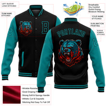 Load image into Gallery viewer, Custom Black Teal 3D Pattern Design Bomber Full-Snap Varsity Letterman Jacket