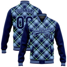 Load image into Gallery viewer, Custom Navy Light Blue-Neon Green Check Board 3D Pattern Design Bomber Full-Snap Varsity Letterman Jacket