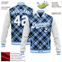 Load image into Gallery viewer, Custom Light Blue Navy-Neon Green Check Board 3D Pattern Design Bomber Full-Snap Varsity Letterman Jacket