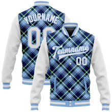 Load image into Gallery viewer, Custom Light Blue Navy-Neon Green Check Board 3D Pattern Design Bomber Full-Snap Varsity Letterman Jacket