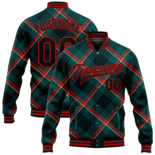 Load image into Gallery viewer, Custom Midnight Green Black-Red Check Board 3D Pattern Design Bomber Full-Snap Varsity Letterman Jacket