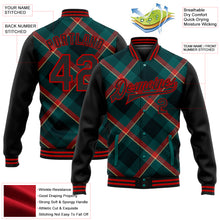 Load image into Gallery viewer, Custom Midnight Green Black-Red Check Board 3D Pattern Design Bomber Full-Snap Varsity Letterman Jacket