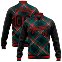 Load image into Gallery viewer, Custom Midnight Green Black-Red Check Board 3D Pattern Design Bomber Full-Snap Varsity Letterman Jacket