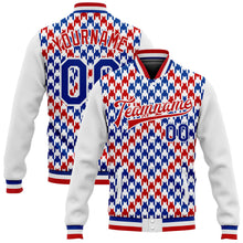 Load image into Gallery viewer, Custom White Royal-Red Check Board 3D Pattern Design Bomber Full-Snap Varsity Letterman Jacket