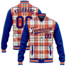 Load image into Gallery viewer, Custom Orange Royal-White Check Board 3D Pattern Design Bomber Full-Snap Varsity Letterman Jacket