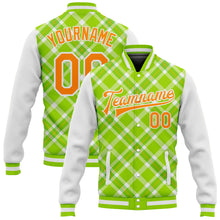 Load image into Gallery viewer, Custom Neon Green Bay Orange-White Check Board 3D Pattern Design Bomber Full-Snap Varsity Letterman Jacket