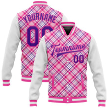 Load image into Gallery viewer, Custom Light Pink Purple-Pink Check Board 3D Pattern Design Bomber Full-Snap Varsity Letterman Jacket