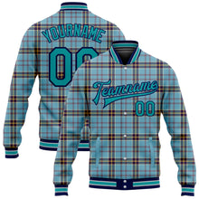 Load image into Gallery viewer, Custom Shadow Blue Teal Navy-Gray Classic Western Plaid 3D Pattern Design Bomber Full-Snap Varsity Letterman Jacket