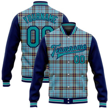 Load image into Gallery viewer, Custom Shadow Blue Teal Navy-Gray Classic Western Plaid 3D Pattern Design Bomber Full-Snap Varsity Letterman Jacket
