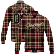 Load image into Gallery viewer, Custom Brown Black Vegas Gold City Cream-Crimson Classic Western Plaid 3D Pattern Design Bomber Full-Snap Varsity Letterman Jacket
