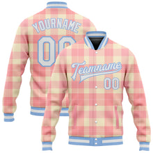 Load image into Gallery viewer, Custom Medium Pink White-Light Blue Classic Western Plaid 3D Pattern Design Bomber Full-Snap Varsity Letterman Jacket