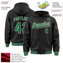 Load image into Gallery viewer, Custom Black Kelly Green-Cream Bomber Full-Snap Varsity Letterman Hoodie Jacket