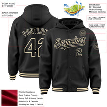 Load image into Gallery viewer, Custom Black Cream Bomber Full-Snap Varsity Letterman Hoodie Jacket