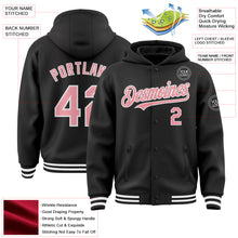 Load image into Gallery viewer, Custom Black Medium Pink-White Bomber Full-Snap Varsity Letterman Hoodie Jacket