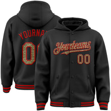 Load image into Gallery viewer, Custom Black Camo-Red Bomber Full-Snap Varsity Letterman Hoodie Jacket