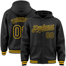 Load image into Gallery viewer, Custom Black Gold Bomber Full-Snap Varsity Letterman Hoodie Jacket