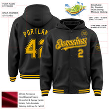 Load image into Gallery viewer, Custom Black Gold Bomber Full-Snap Varsity Letterman Hoodie Jacket