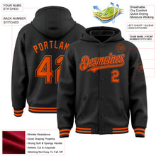 Load image into Gallery viewer, Custom Black Orange Bomber Full-Snap Varsity Letterman Hoodie Jacket