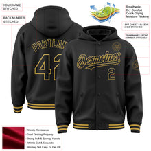 Load image into Gallery viewer, Custom Black Old Gold Bomber Full-Snap Varsity Letterman Hoodie Jacket