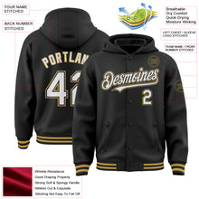 Load image into Gallery viewer, Custom Black White-Old Gold Bomber Full-Snap Varsity Letterman Hoodie Jacket