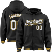 Load image into Gallery viewer, Custom Black White-Old Gold Bomber Full-Snap Varsity Letterman Hoodie Jacket
