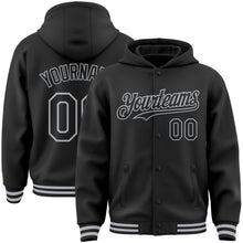Load image into Gallery viewer, Custom Black Gray Bomber Full-Snap Varsity Letterman Hoodie Jacket
