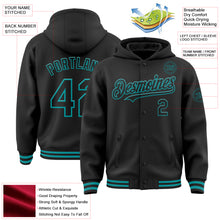 Load image into Gallery viewer, Custom Black Teal Bomber Full-Snap Varsity Letterman Hoodie Jacket