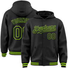Load image into Gallery viewer, Custom Black Neon Green Bomber Full-Snap Varsity Letterman Hoodie Jacket