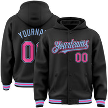 Load image into Gallery viewer, Custom Black Pink-Light Blue Bomber Full-Snap Varsity Letterman Hoodie Jacket