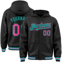 Load image into Gallery viewer, Custom Black Pink-Aqua Bomber Full-Snap Varsity Letterman Hoodie Jacket