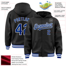 Load image into Gallery viewer, Custom Black Royal-White Bomber Full-Snap Varsity Letterman Hoodie Jacket