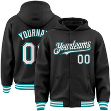 Load image into Gallery viewer, Custom Black White-Teal Bomber Full-Snap Varsity Letterman Hoodie Jacket