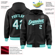 Load image into Gallery viewer, Custom Black White-Aqua Bomber Full-Snap Varsity Letterman Hoodie Jacket
